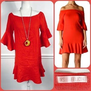 FELICIA Red Off-the-Shoulder 3/4 Sleeve LINEN Dress - XS